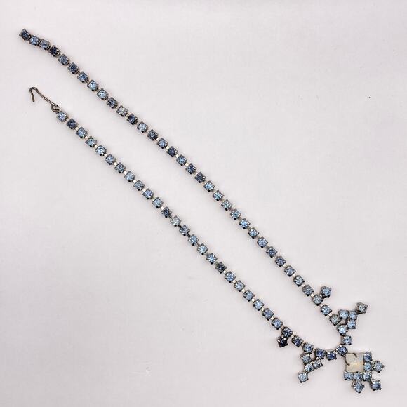 Vintage Art Deco Style Blue Prong Set Crystal Glass Necklace 16" - Picture 4 of 11